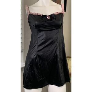 Y2K Dreamgirl Faux Leather Playboy Black Mini Dress w Pink Lace Trim Size L